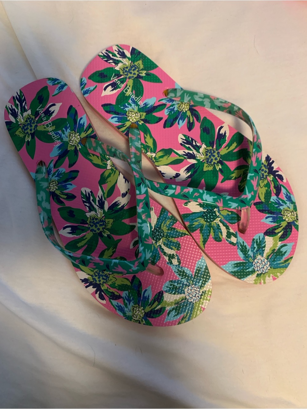 Vera Bradley Pink Floral Flip Flops Tropical Green & Teal Straps - Women’s M